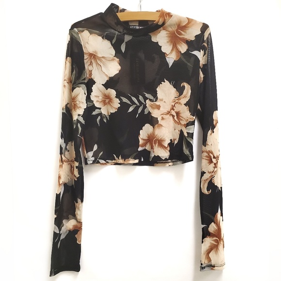 Fashion Nova floral mesh long sleeve crop top nwt - Picture 2 of 4